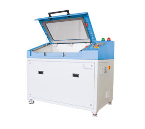 Burst Test Stand for Plastic Components with 400 bar testing pressure wit open test chamber.